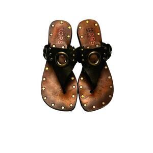 Kors Michael Kors Leather Thong Sandal Brass Accents Size 5
